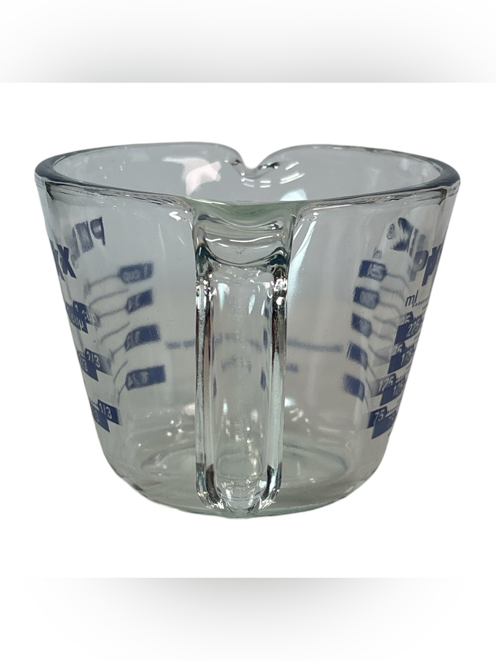Vintage Pyrex Glass Measuring Cup Blue Lettering Open J Handle 1 Cup 8 oz 250 ml - Picture 2 of 5